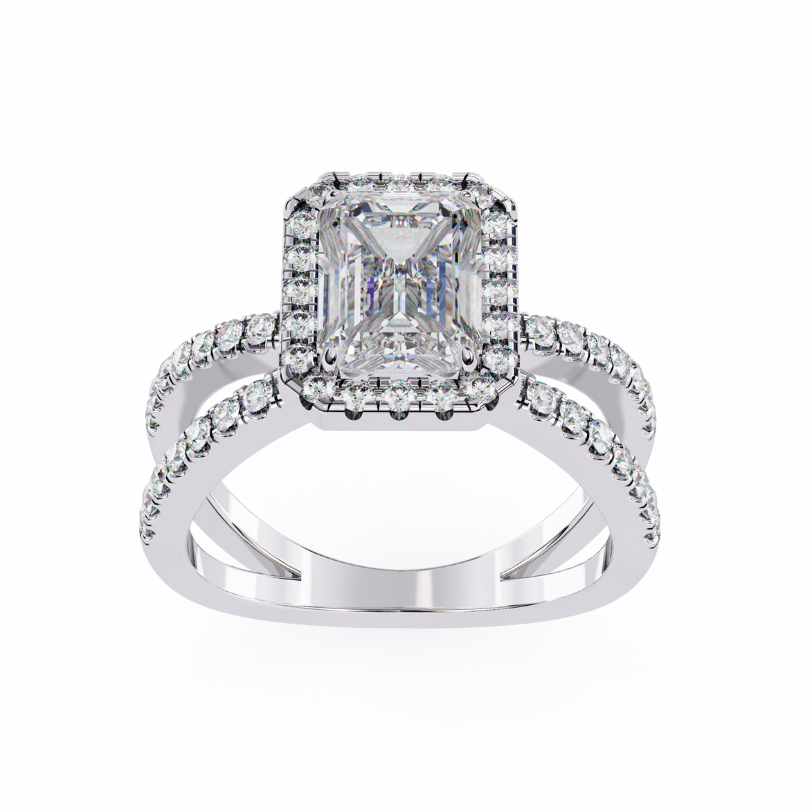 Diamond ring with a central emerald-cut diamond and smaller diamonds on a white background