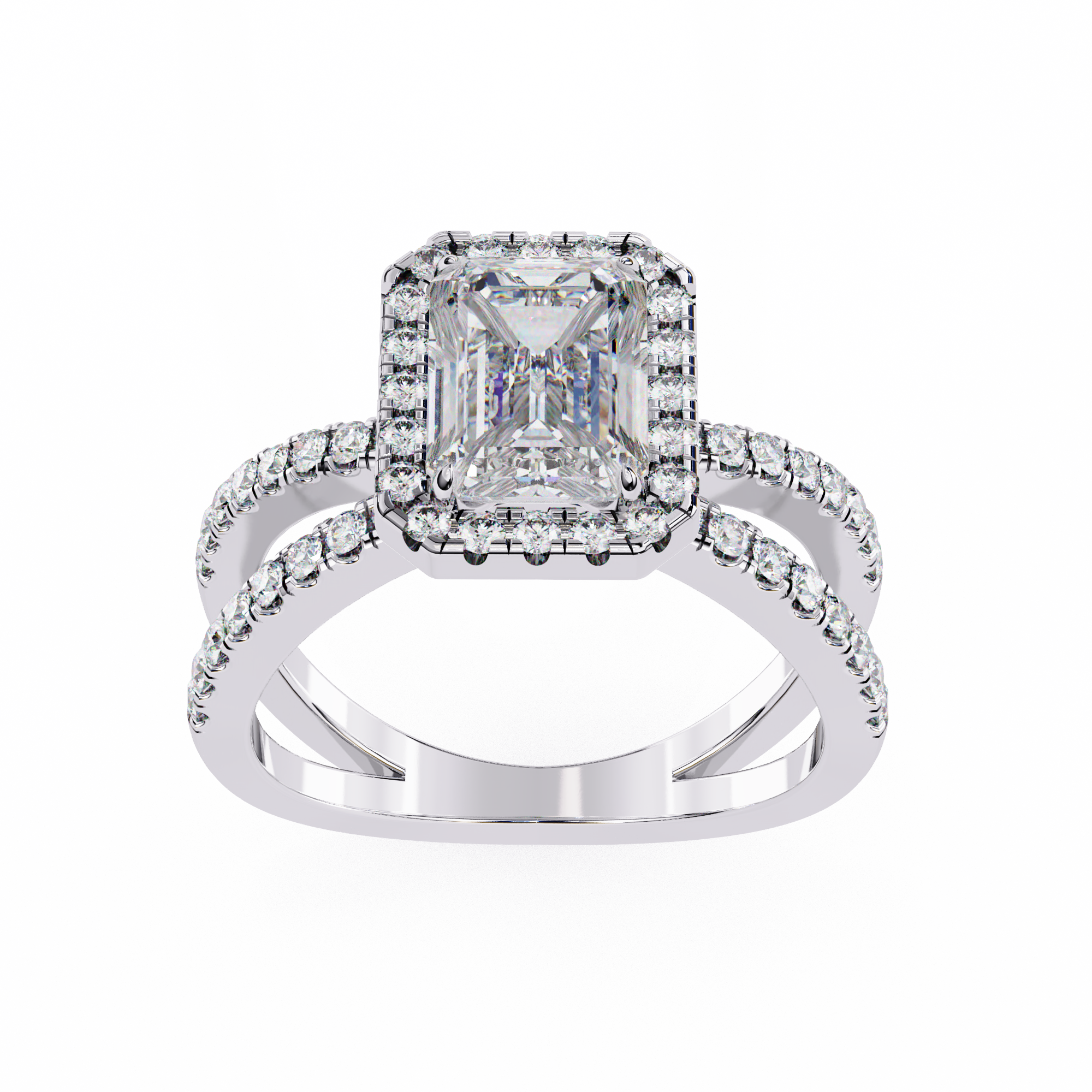 Diamond ring with a central emerald-cut diamond and smaller diamonds on a white background