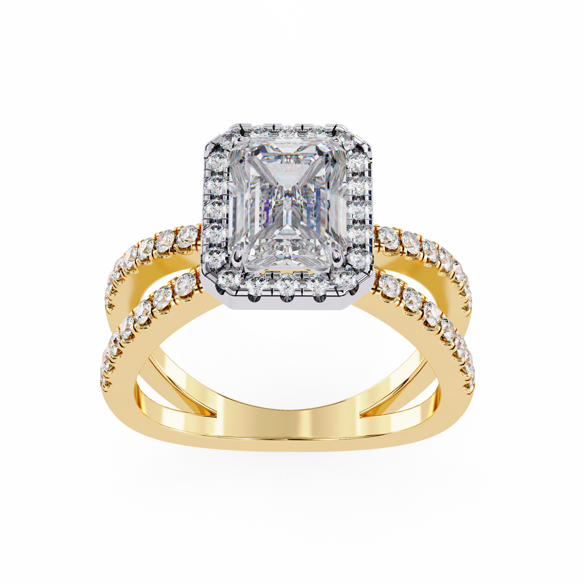 Gold ring with a diamond in the center on a white background