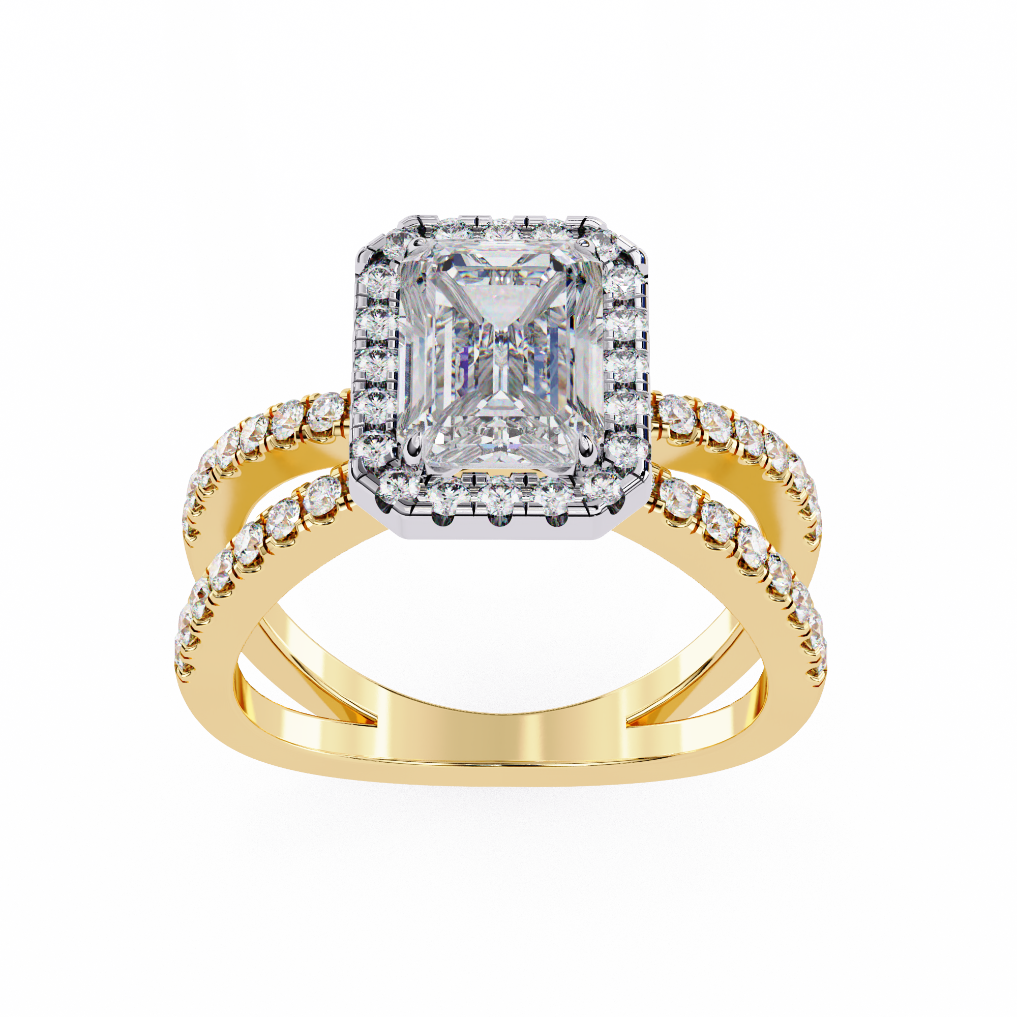 Gold ring with a diamond in the center on a white background