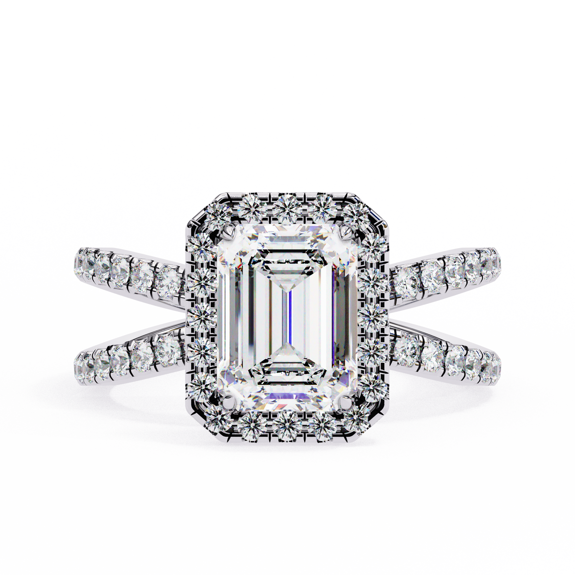 Diamond ring with emerald-cut center stone and halo on a white background