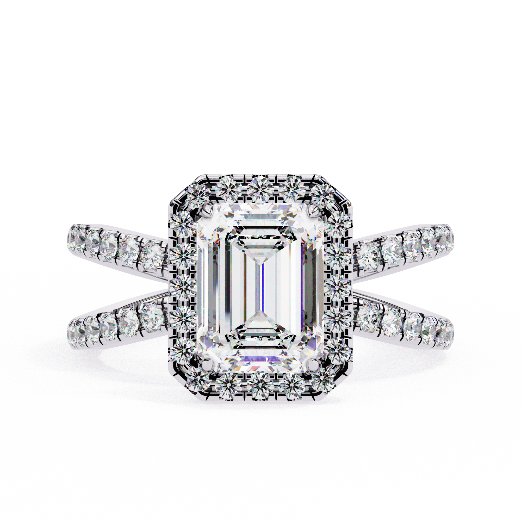 Diamond ring with emerald-cut center stone and halo on a white background