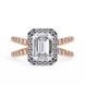 Diamond ring with emerald-cut center stone and rose gold band on a white background