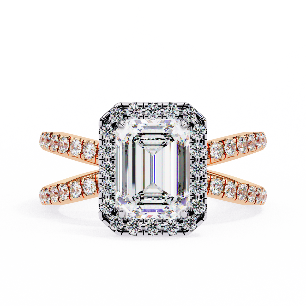 Diamond ring with emerald-cut center stone and rose gold band on a white background