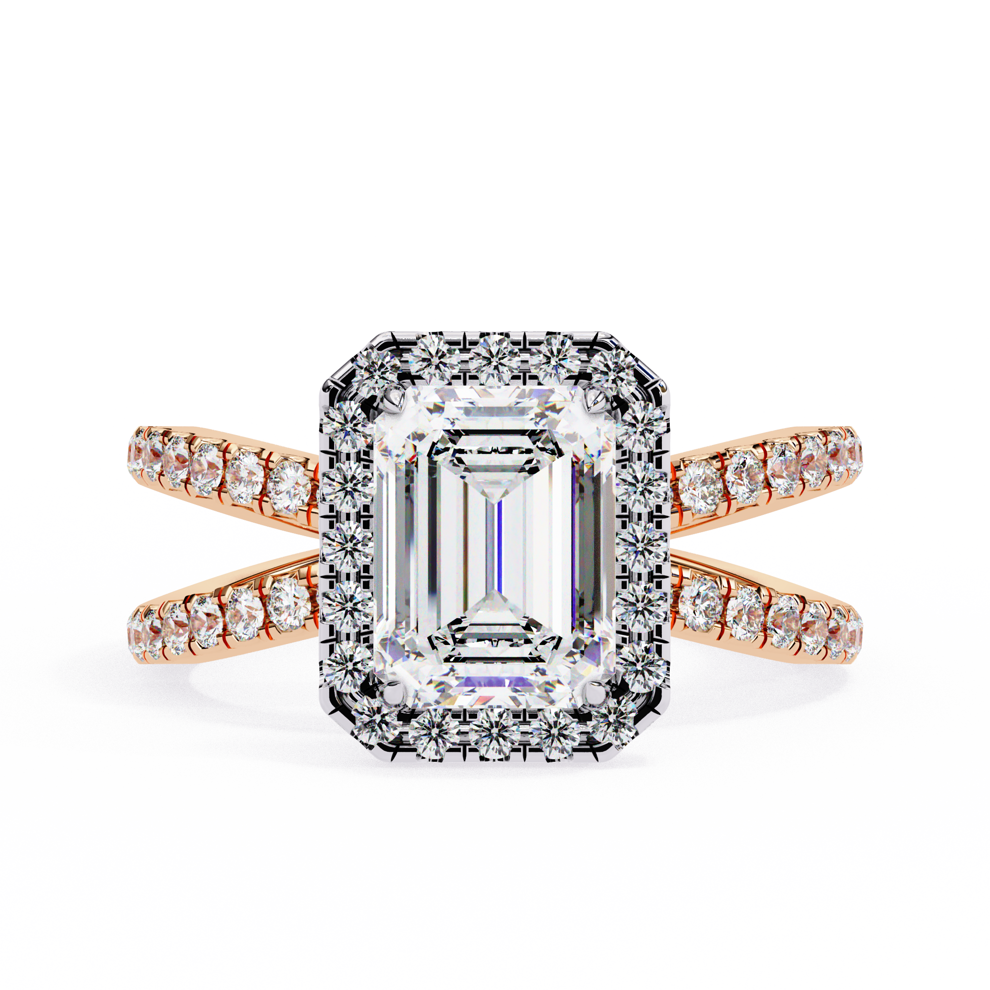 Diamond ring with emerald-cut center stone and rose gold band on a white background