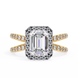 Diamond ring with emerald-cut center stone and gold band on a white background