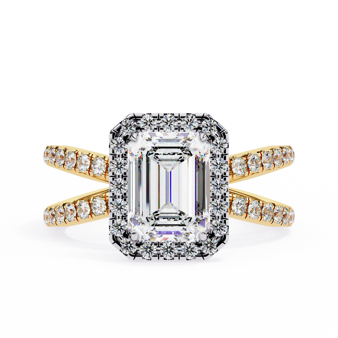 Diamond ring with emerald-cut center stone and gold band on a white background