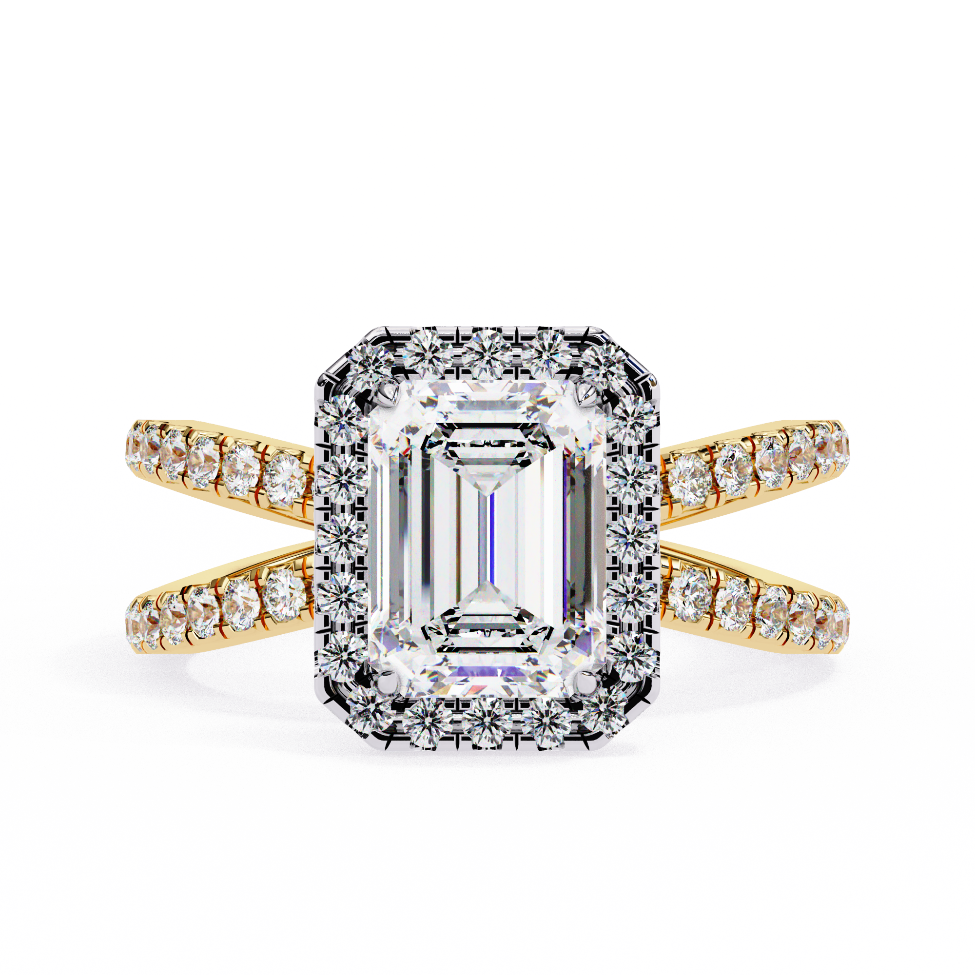 Diamond ring with emerald-cut center stone and gold band on a white background