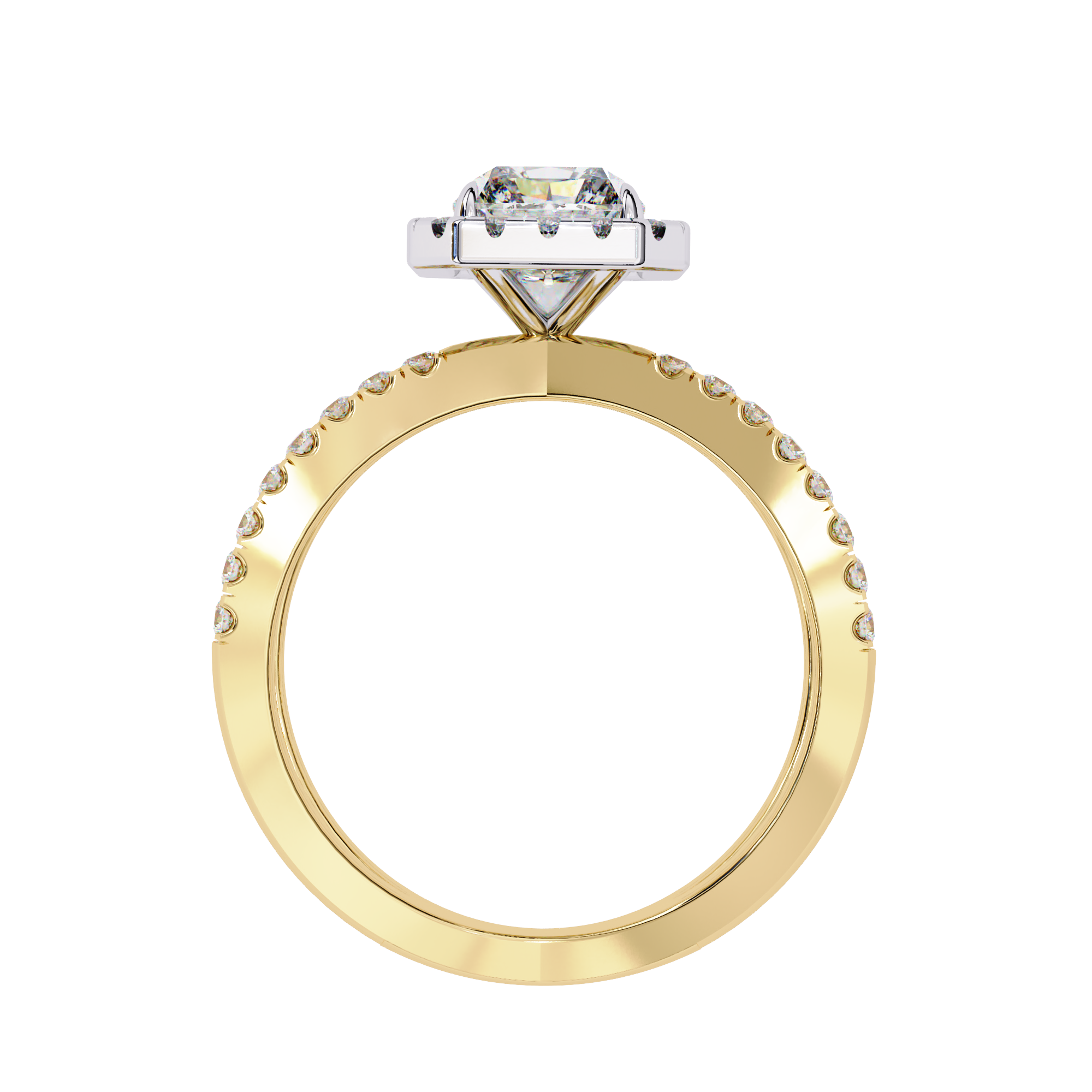Gold ring with diamond accents on a white background