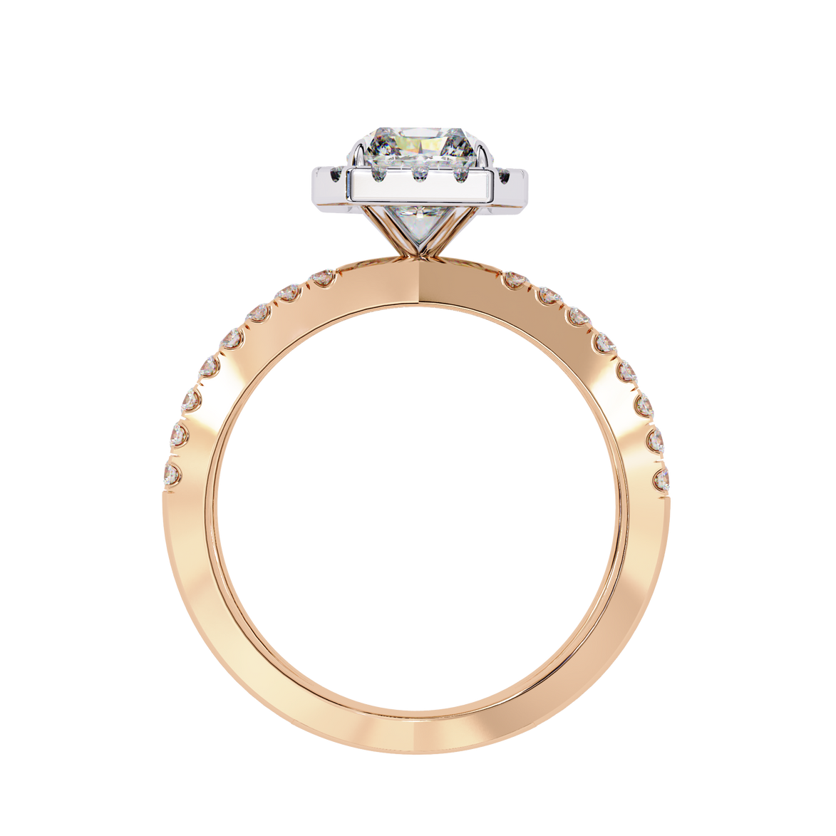 Rose gold ring with diamond accents on a white background