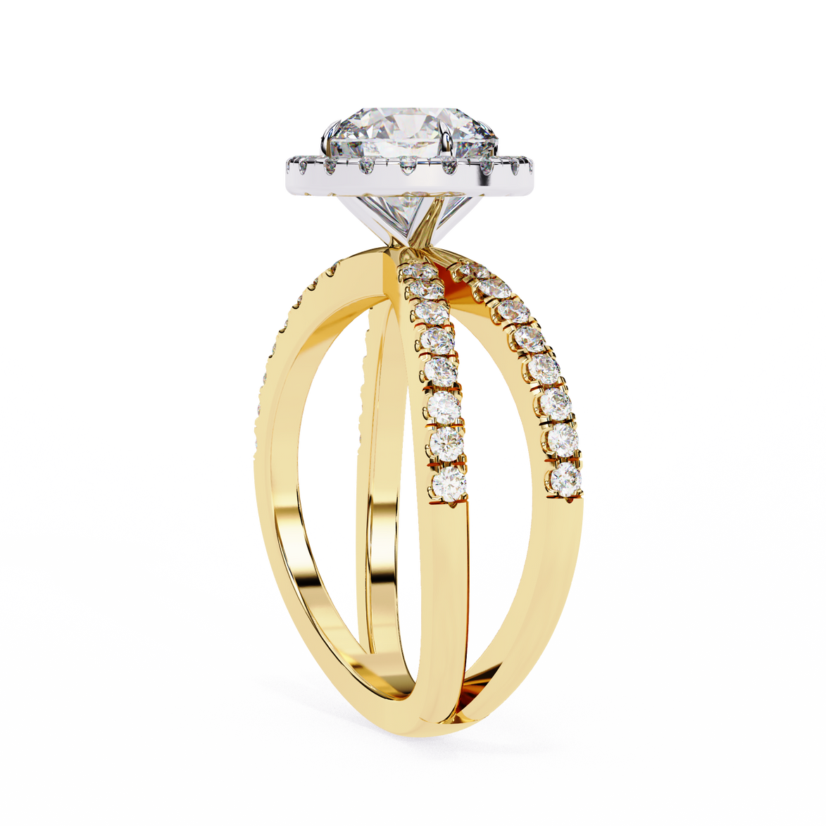Gold ring with diamond accents on a white background