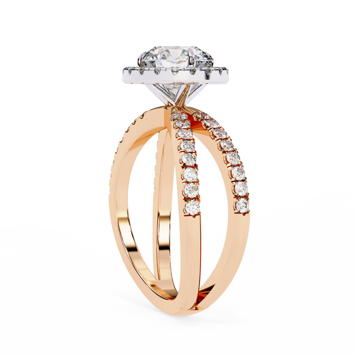 Rose gold ring with diamond accents on a white background