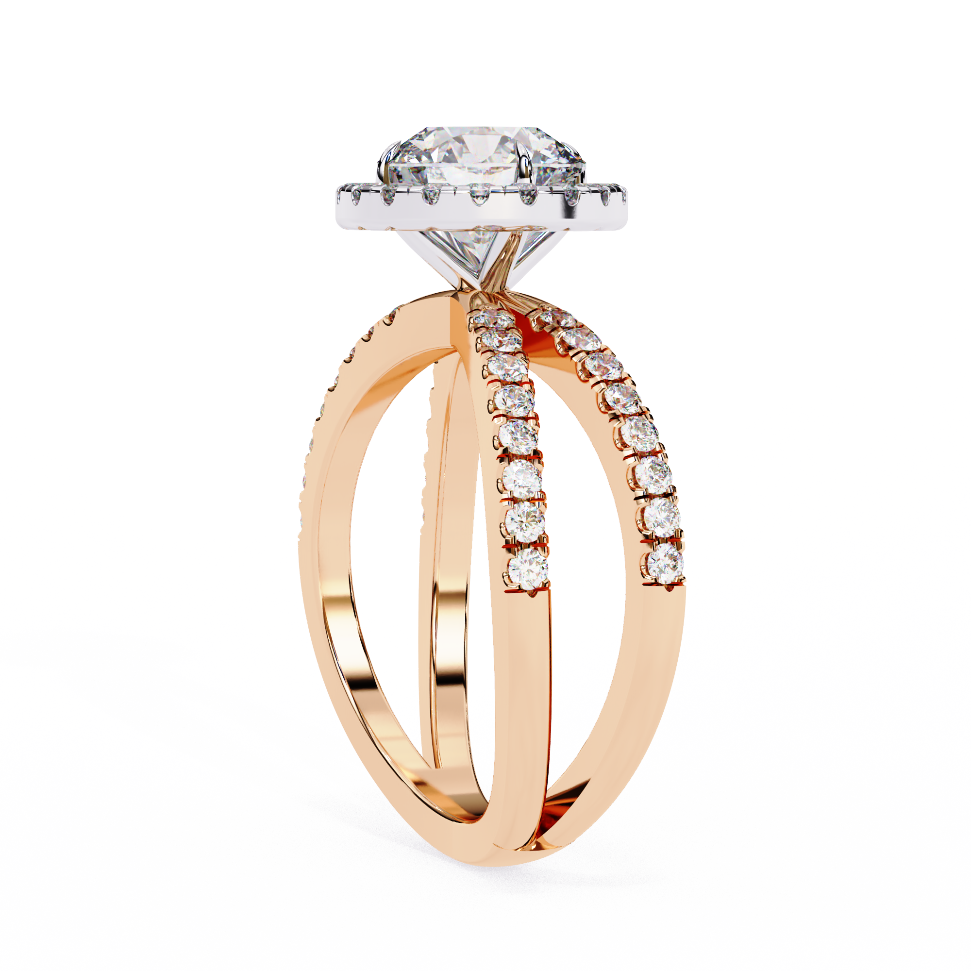 Rose gold ring with diamond accents on a white background
