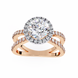Rose gold ring with a large diamond and smaller diamonds on the band against a white background