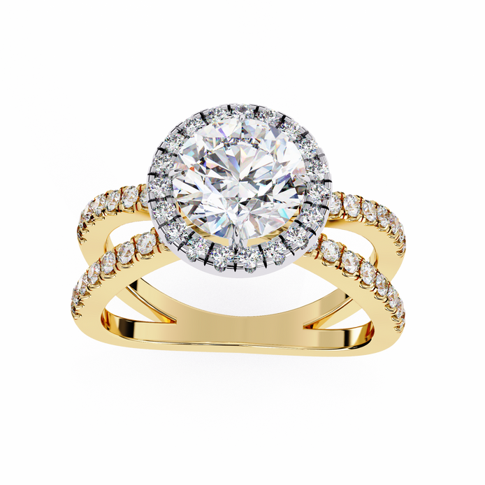 Gold ring with a large diamond and smaller diamonds on a white background