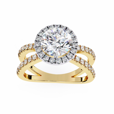 Gold ring with a large diamond and smaller diamonds on a white background