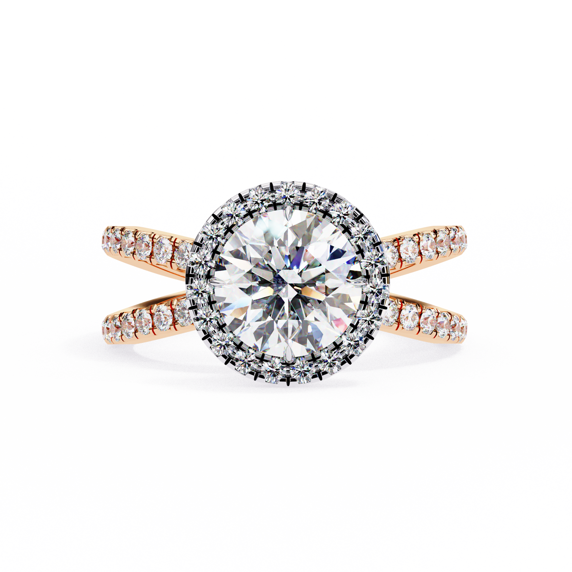 Diamond ring with rose gold band on a white background