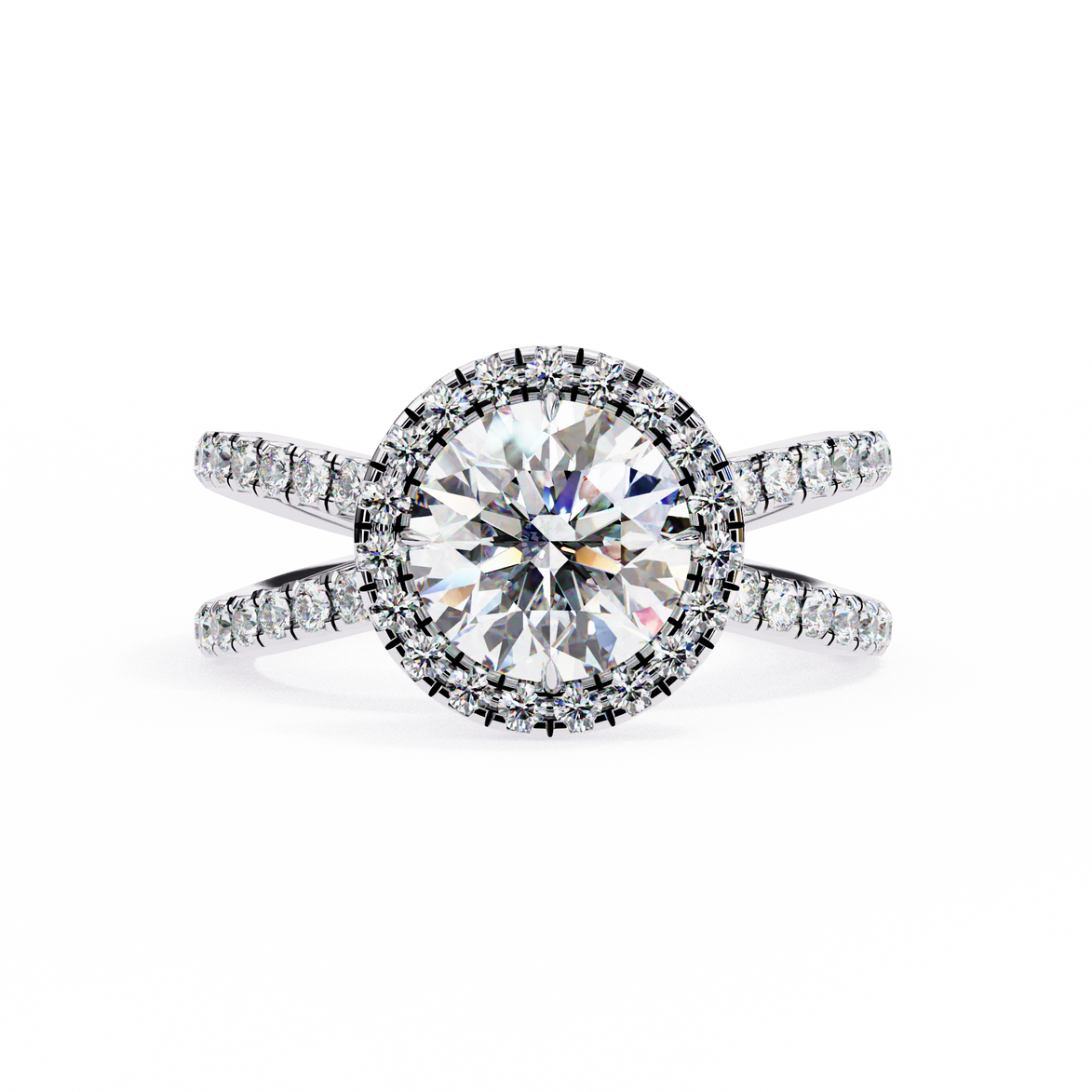 Diamond ring with a halo and surrounding stones on a white background