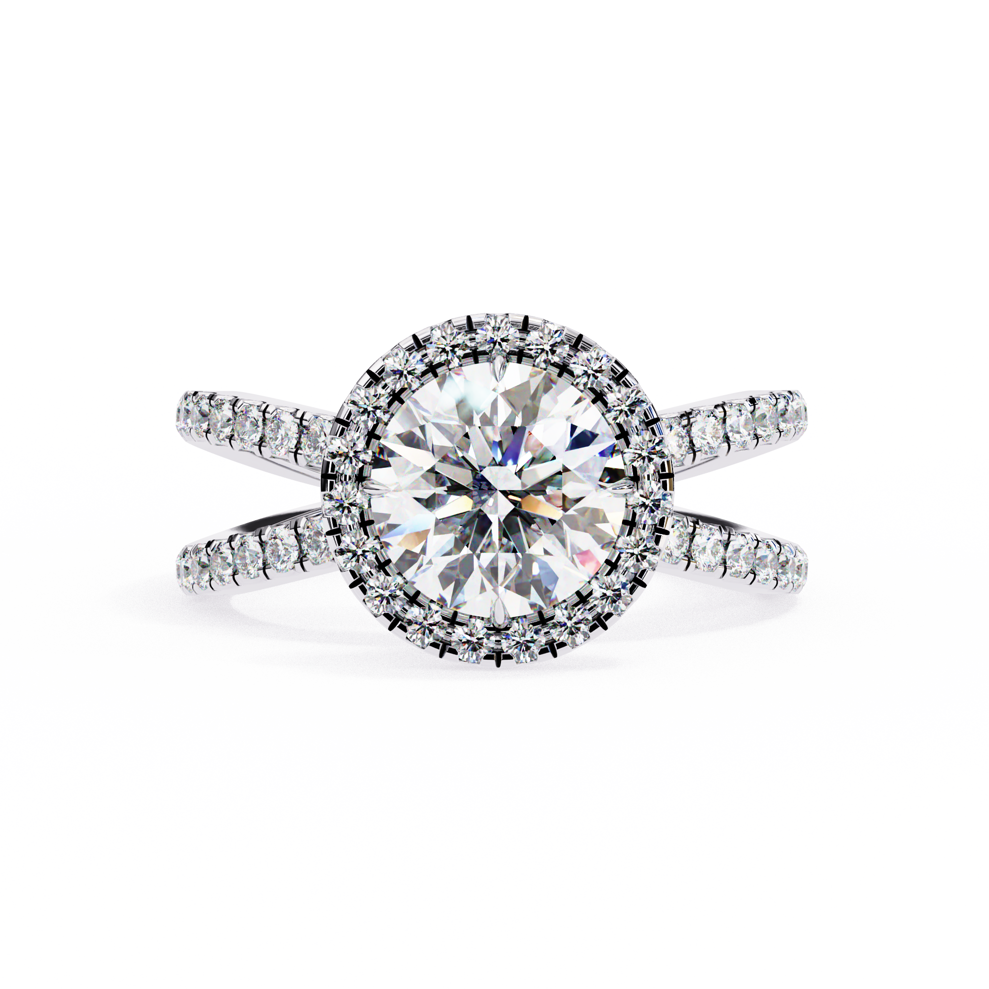 Diamond ring with a halo and surrounding stones on a white background