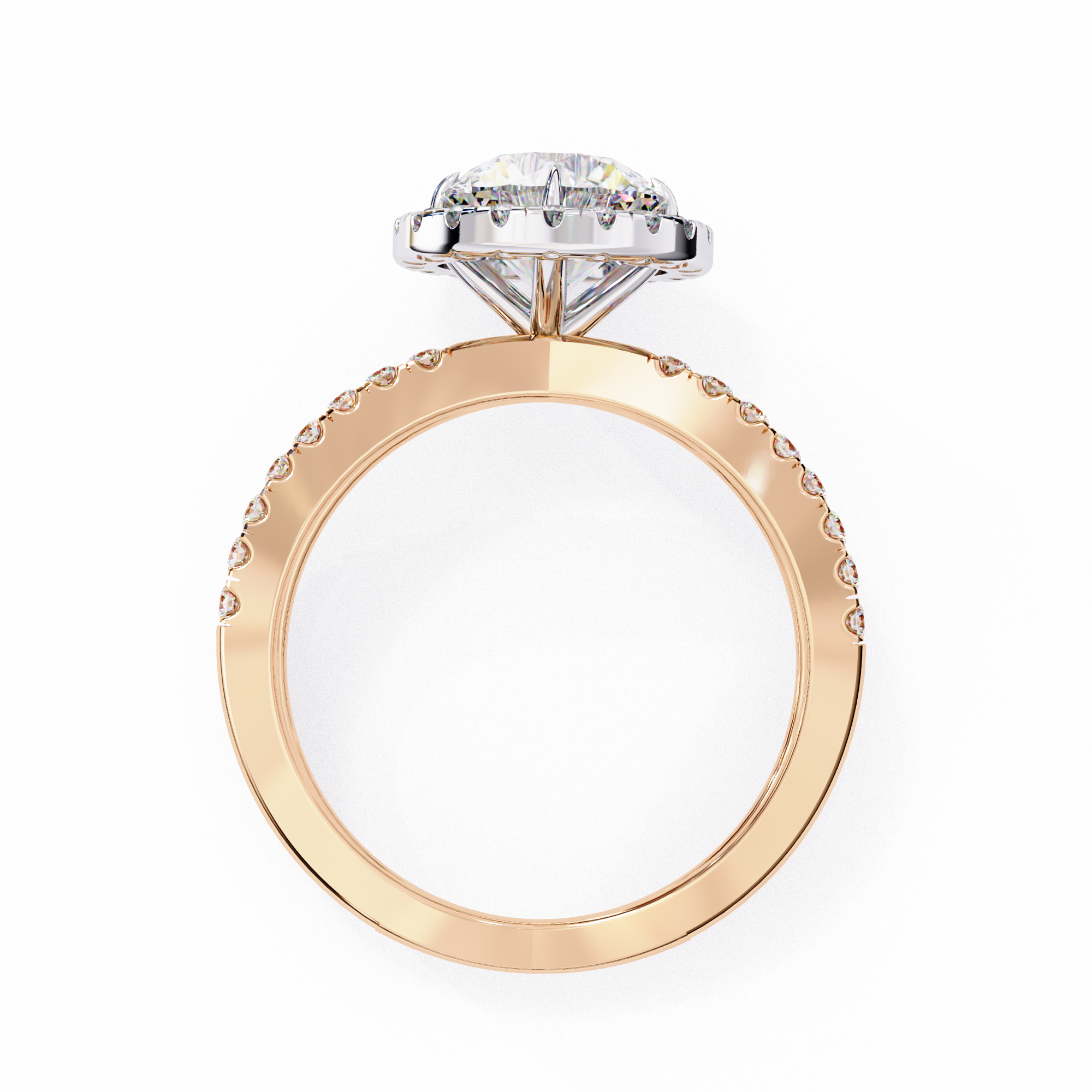 Rose gold ring with a diamond on a white background