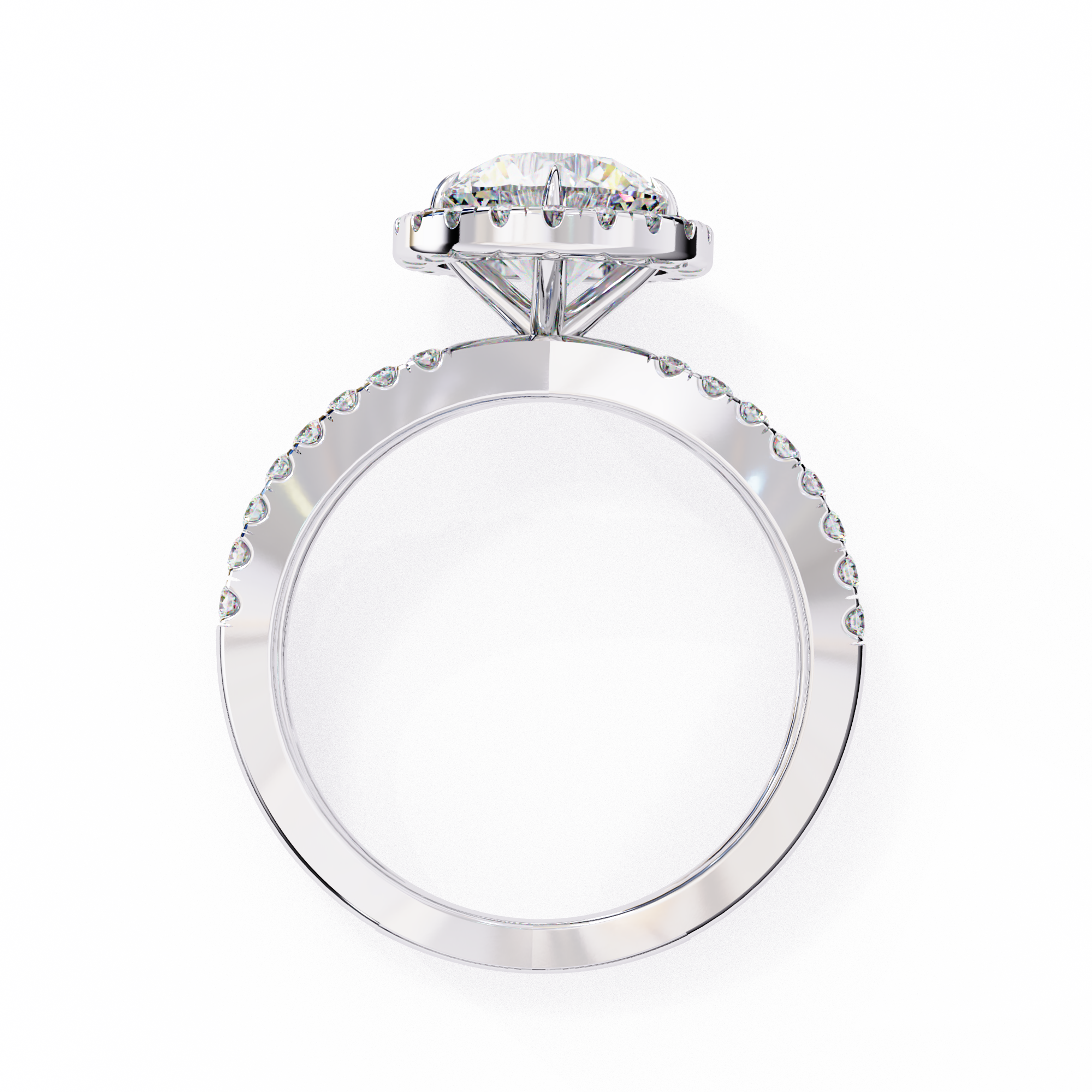 Silver ring with a large diamond and smaller diamonds on the band against a white background