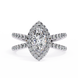 Diamond ring with a pear-shaped center stone on a white background