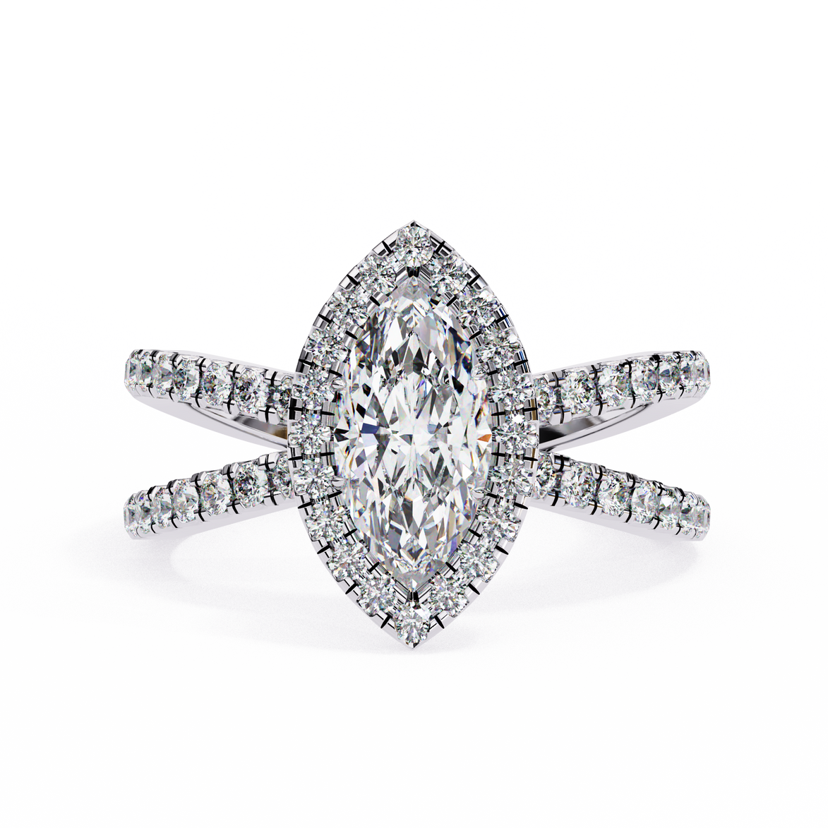 Diamond ring with a pear-shaped center stone on a white background