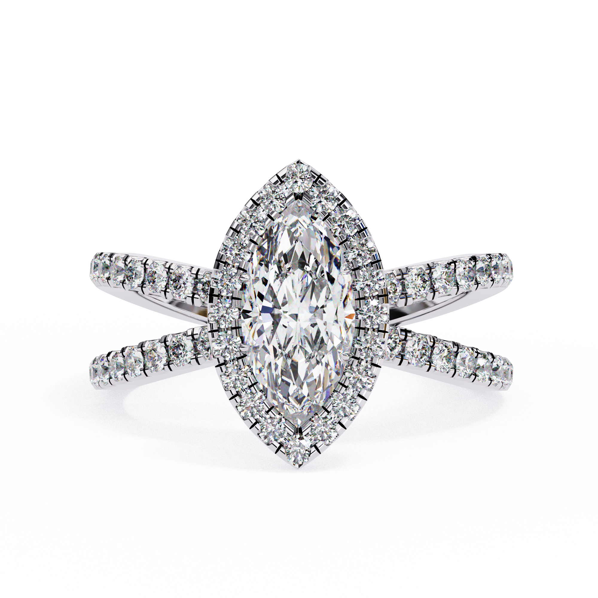 Diamond ring with a pear-shaped center stone on a white background