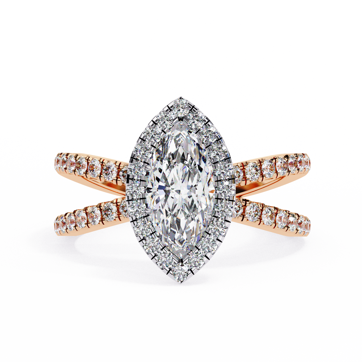 Rose gold ring with a large diamond and smaller diamonds on the band against a white background