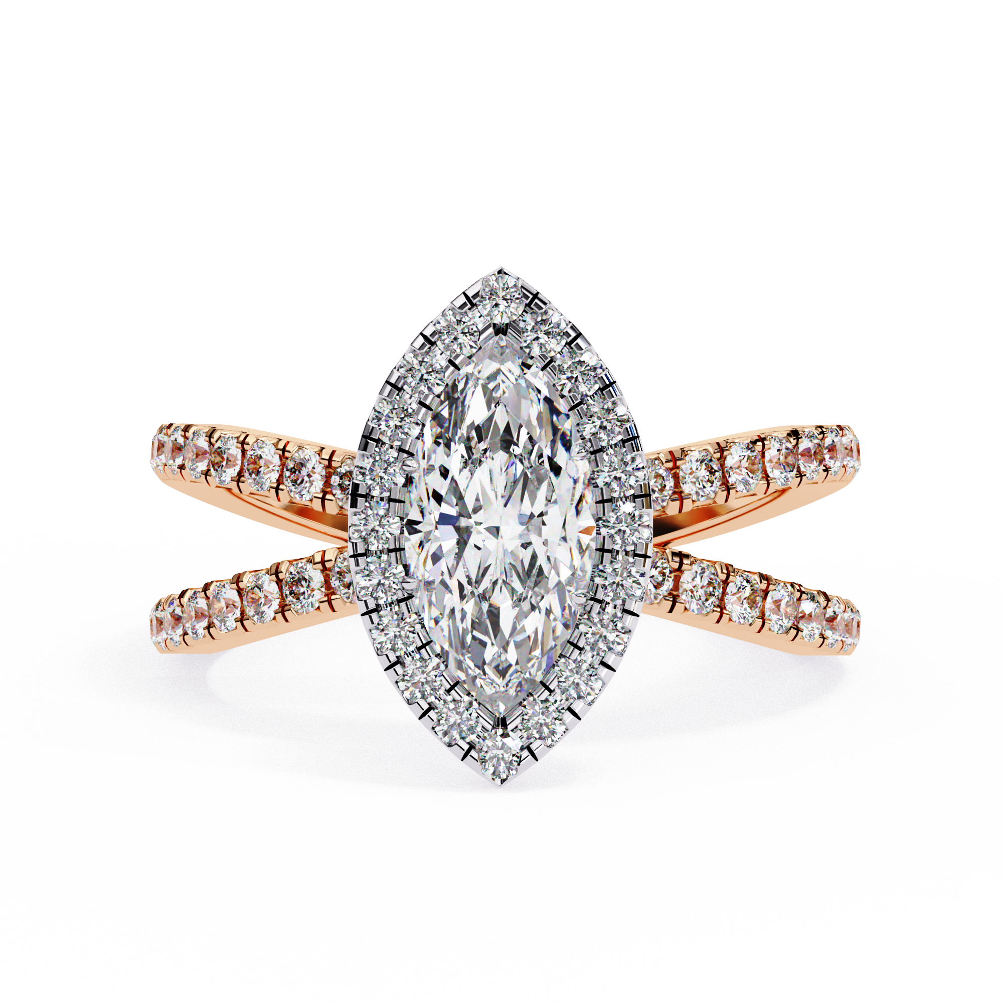 Rose gold ring with a large diamond and smaller diamonds on the band against a white background