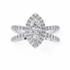 Diamond ring with a pear-shaped center stone on a white background