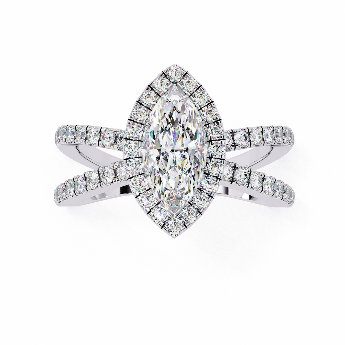 Diamond ring with a pear-shaped center stone on a white background