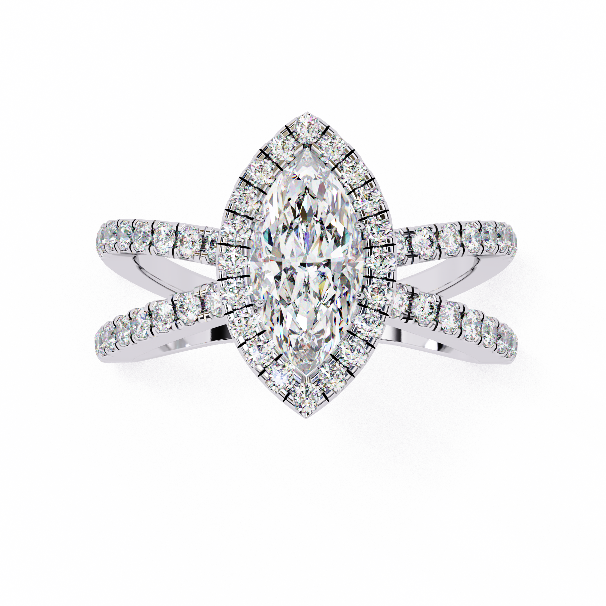 Diamond ring with a pear-shaped center stone on a white background