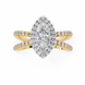 Gold ring with a large diamond and smaller diamonds on the band against a white background