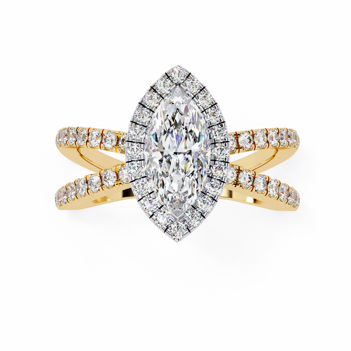 Gold ring with a large diamond and smaller diamonds on the band against a white background