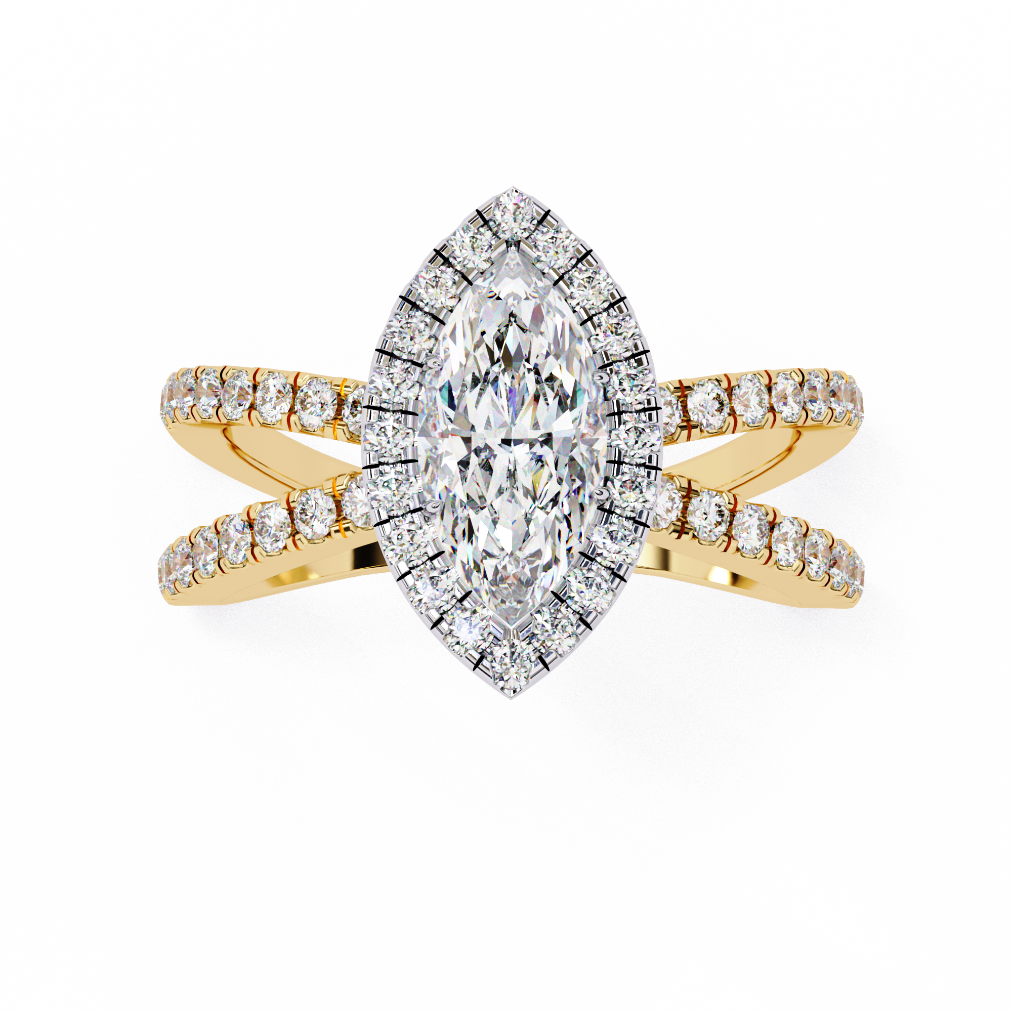 Gold ring with a large diamond and smaller diamonds on the band against a white background