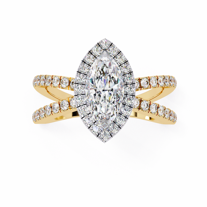 Gold ring with a large diamond and smaller diamonds on the band against a white background