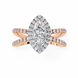 Rose gold ring with a large diamond and smaller diamonds on the band against a white background