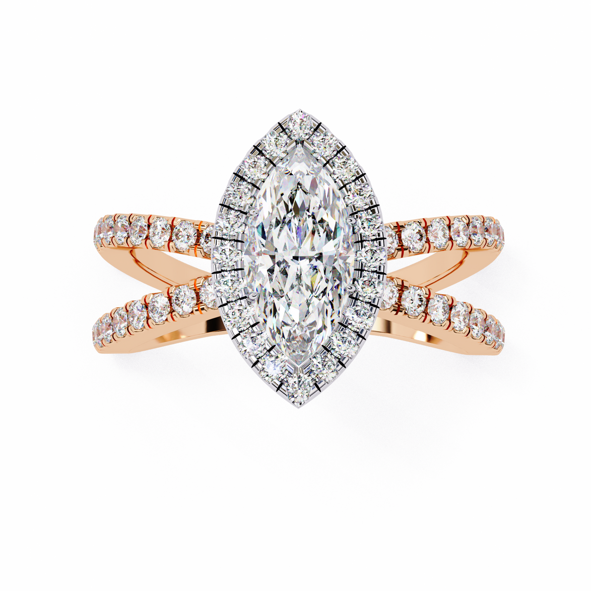 Rose gold ring with a large diamond and smaller diamonds on the band against a white background