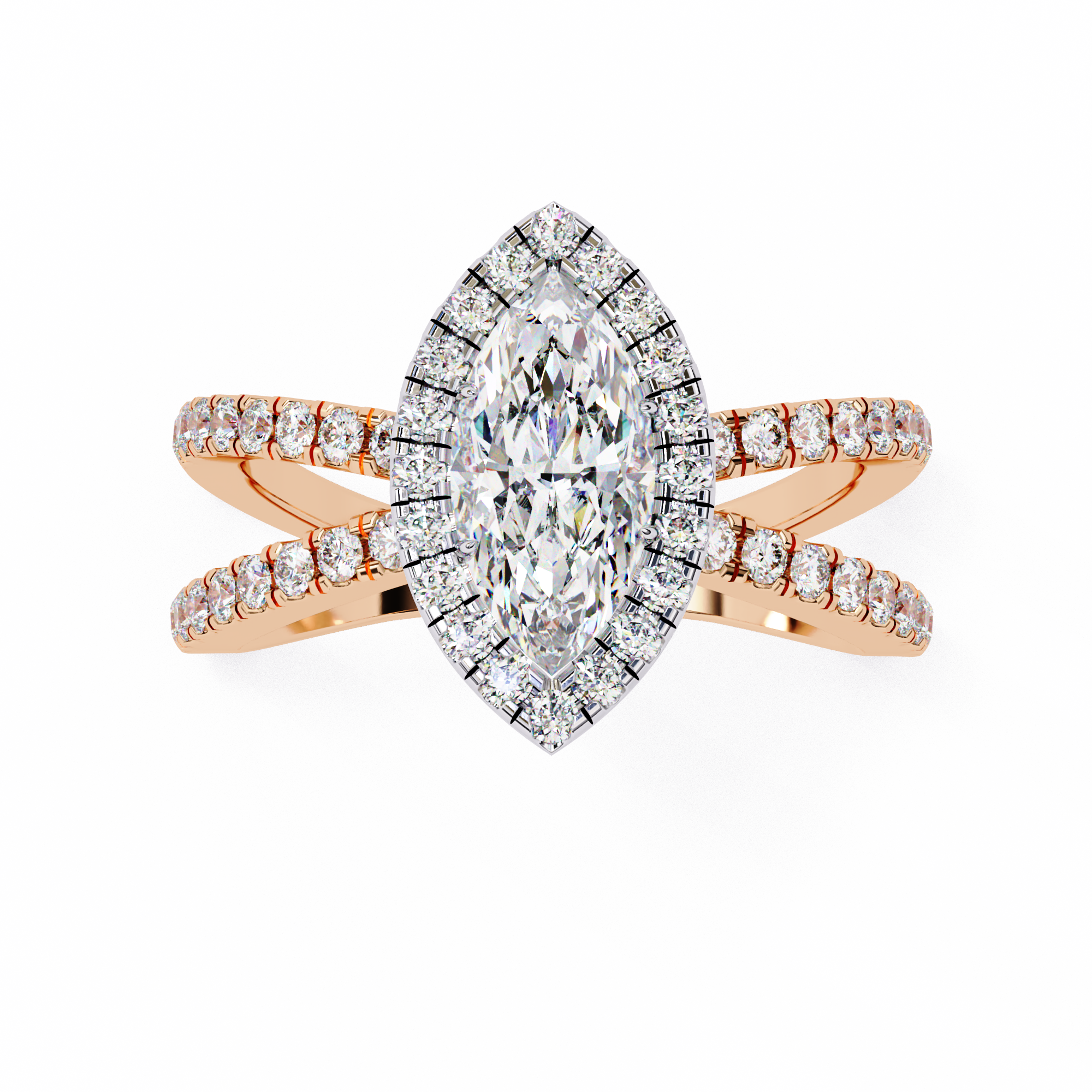 Rose gold ring with a large diamond and smaller diamonds on the band against a white background