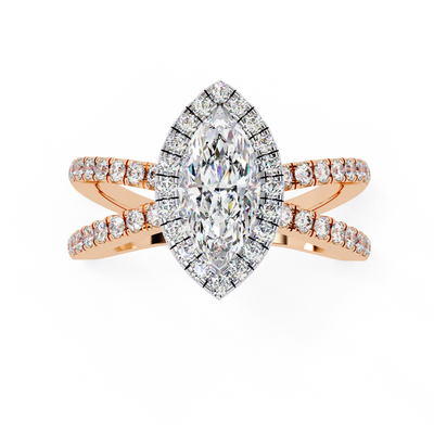 Rose gold ring with a large diamond and smaller diamonds on the band against a white background