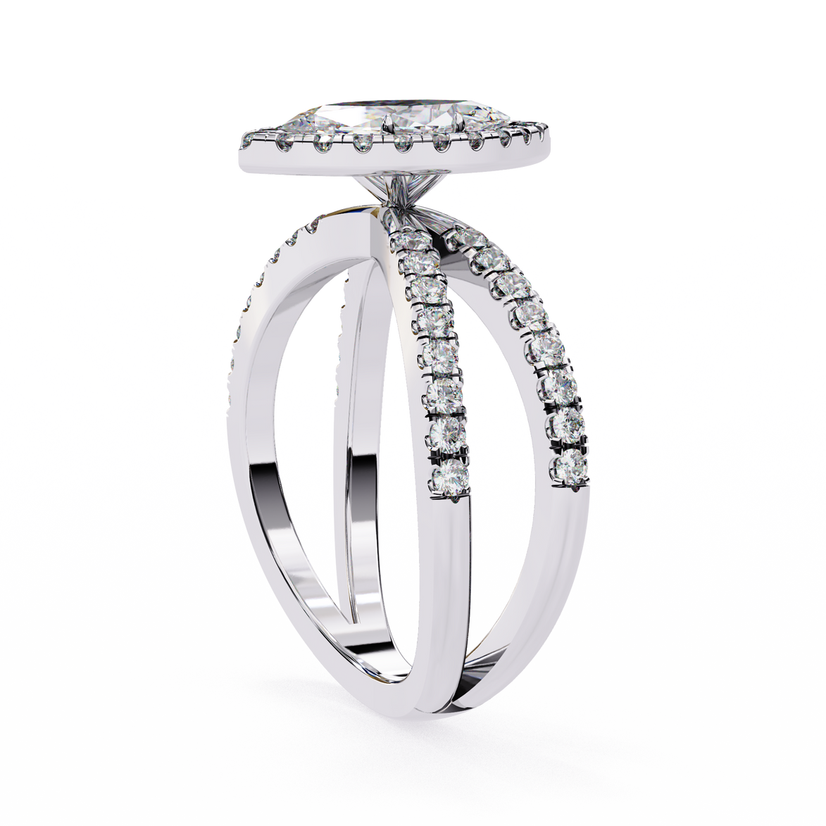 Silver ring with diamond accents on a white background