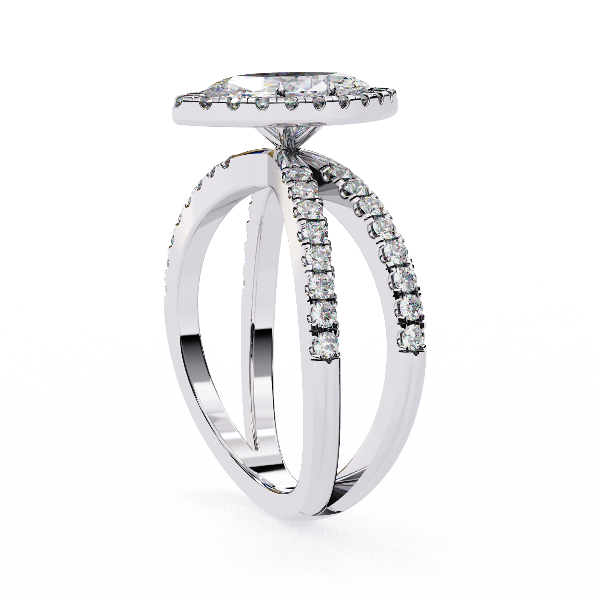 Silver ring with diamond accents on a white background