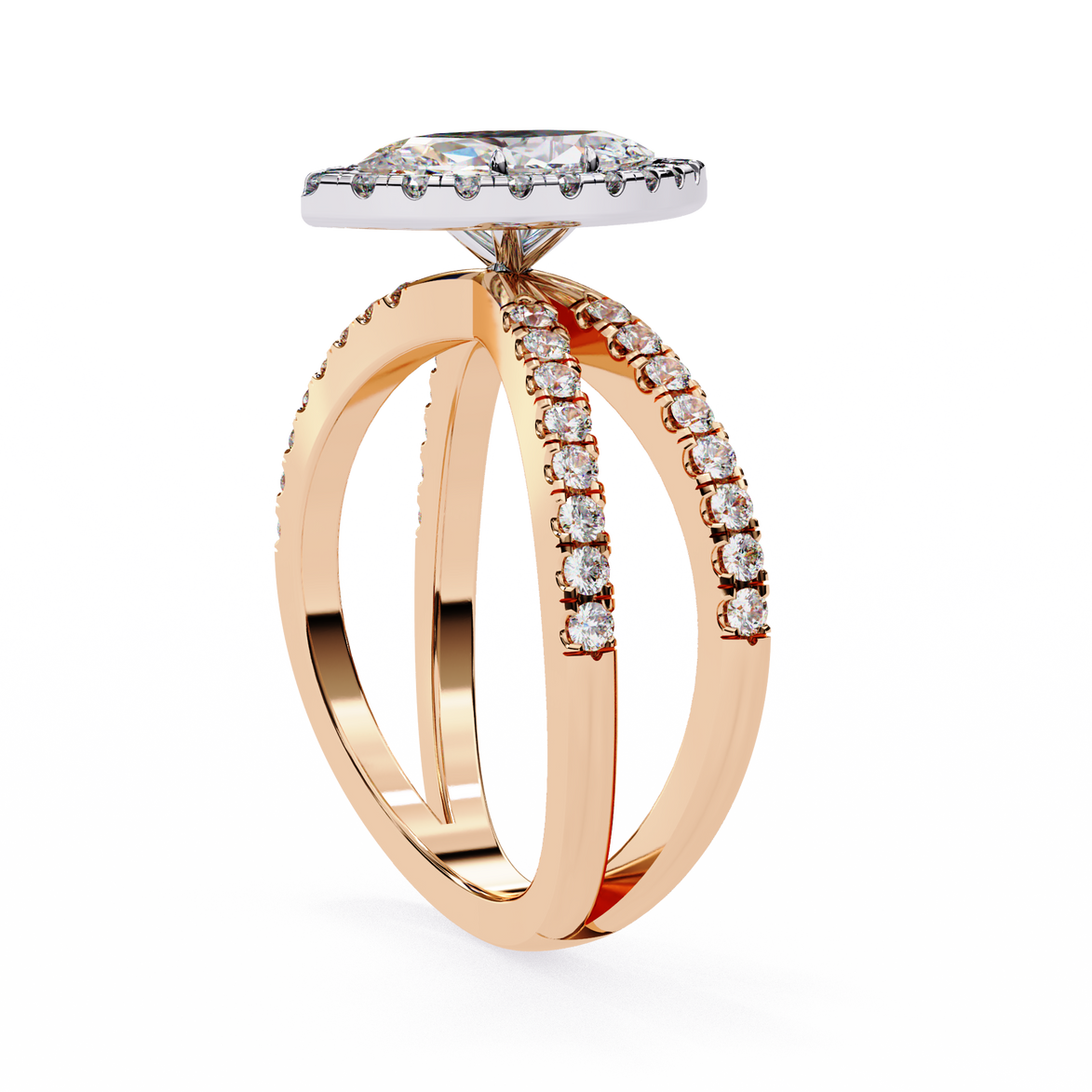 Rose gold ring with diamond accents on a white background