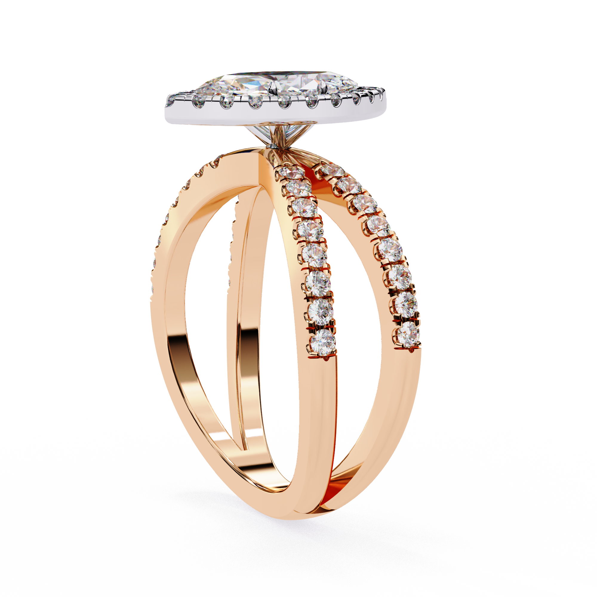Rose gold ring with diamond accents on a white background
