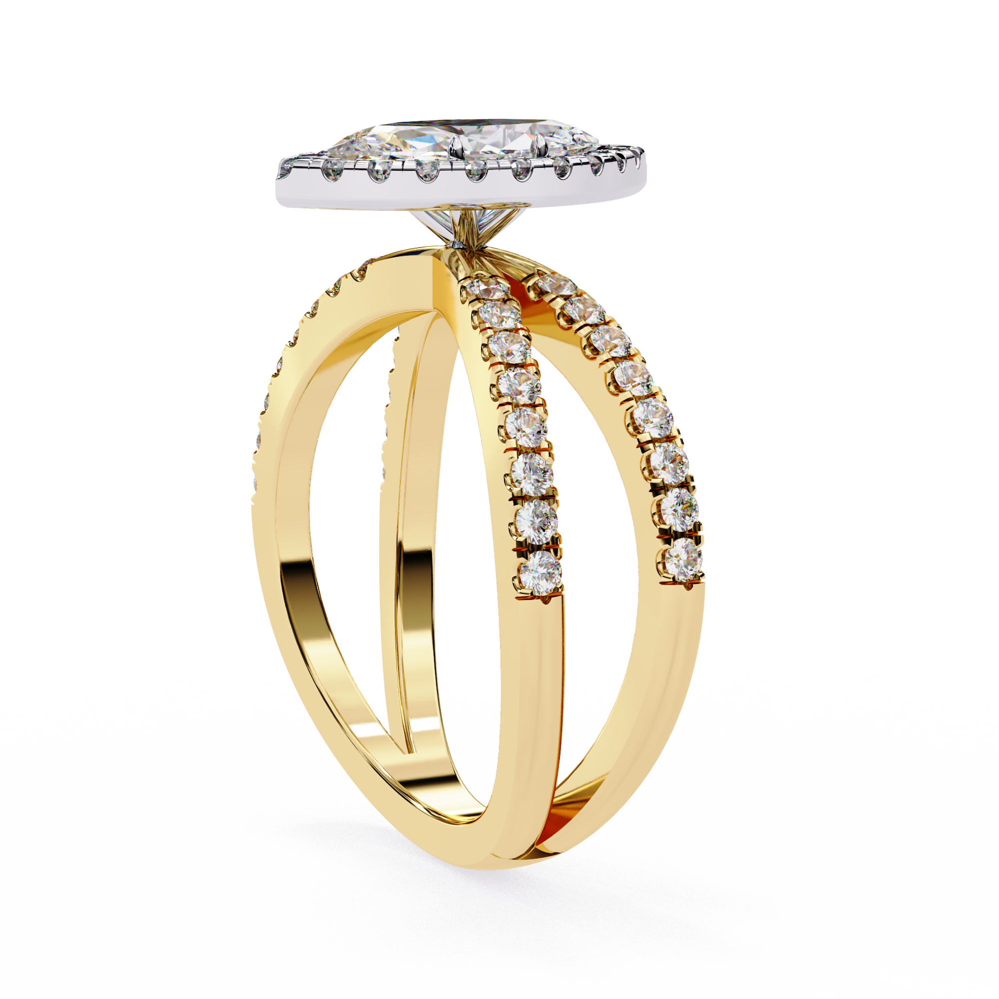 Gold ring with diamond accents on a white background