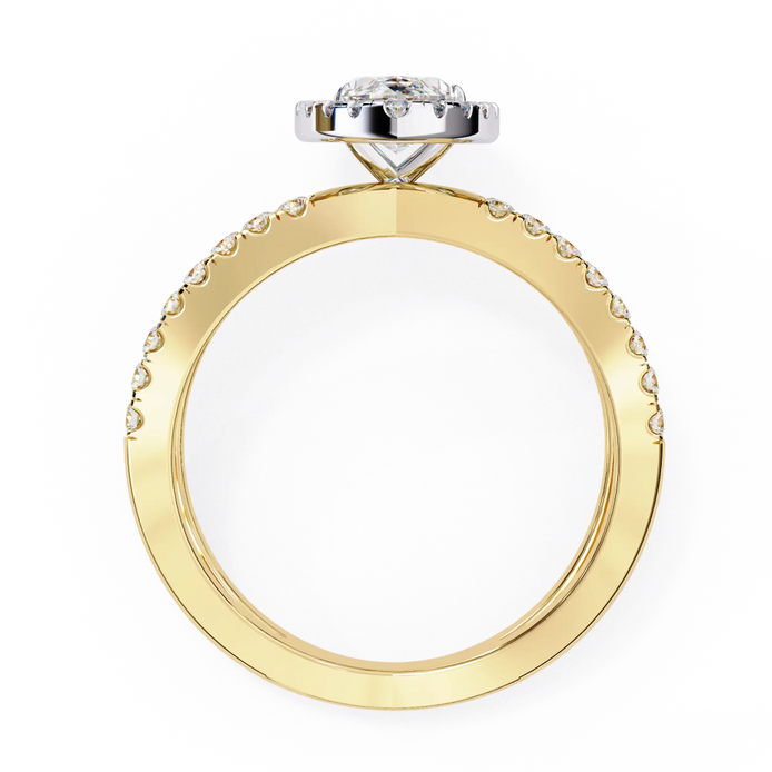 Gold ring with diamond accents on a white background