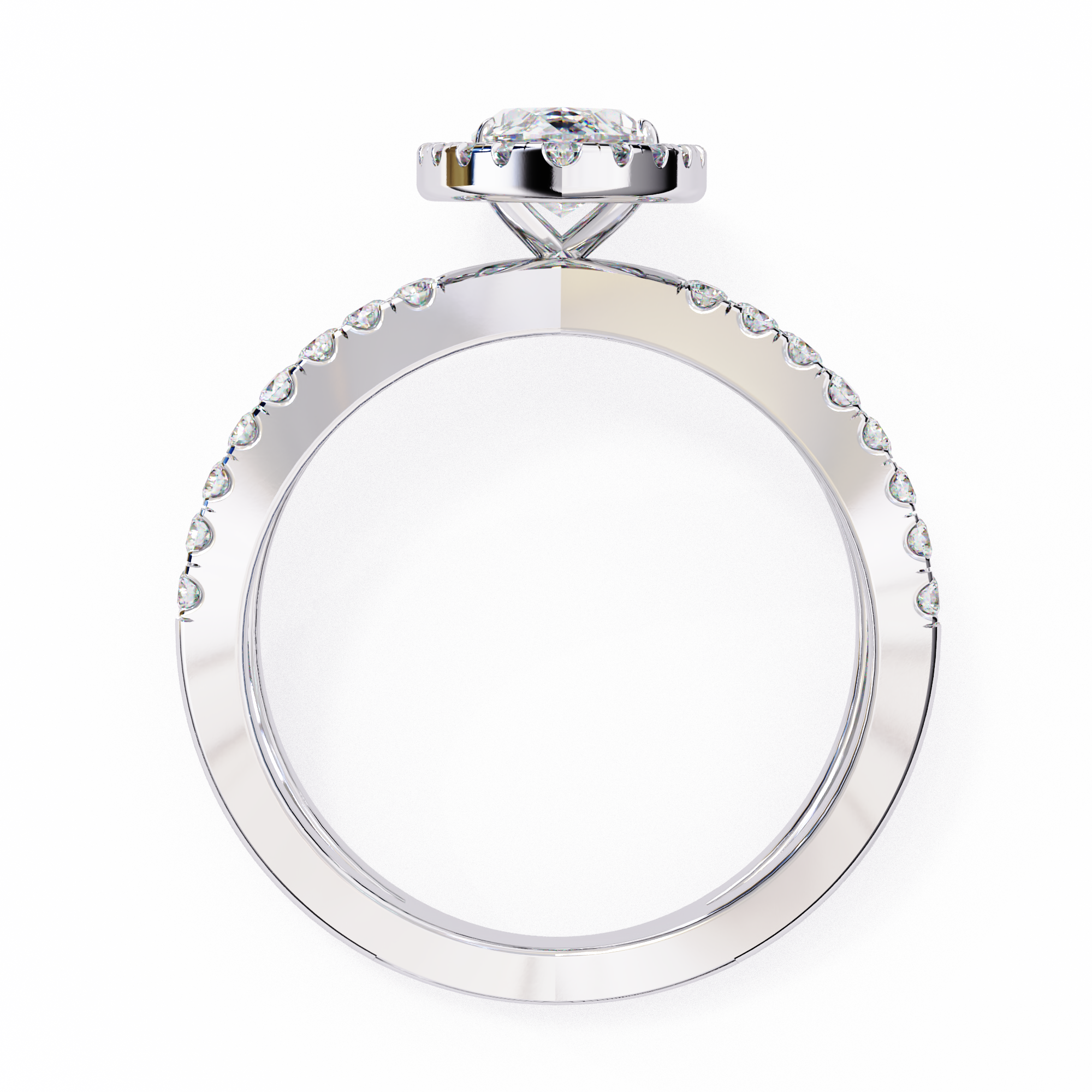 Silver ring with diamond accents on a white background
