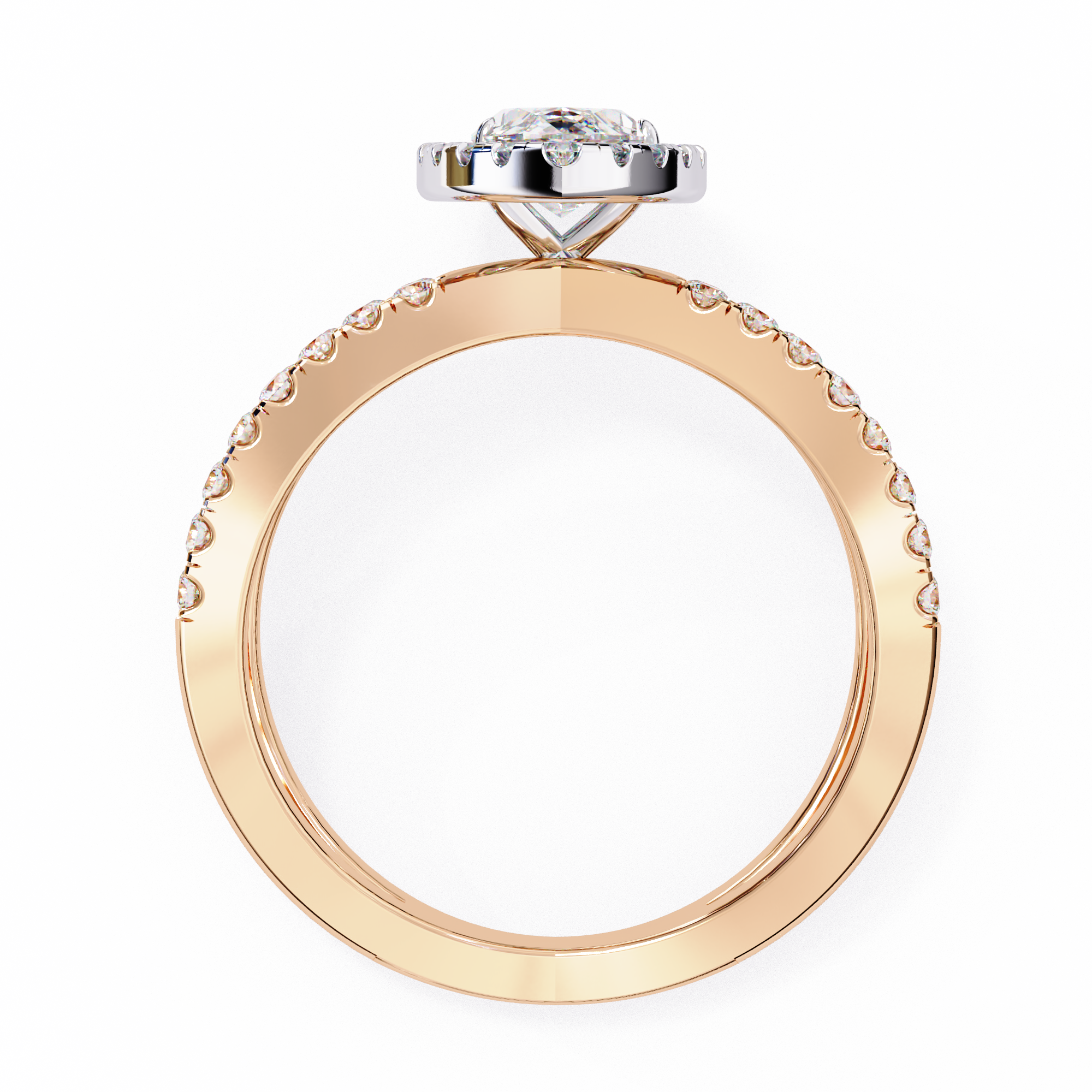 Rose gold ring with diamond accents on a white background