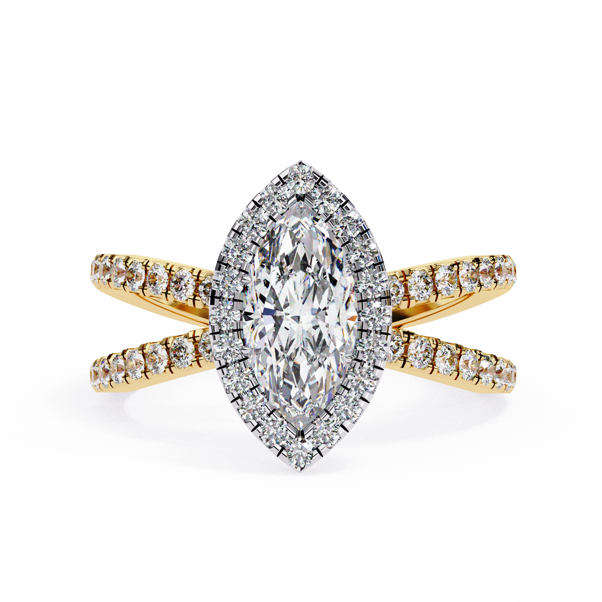 Gold and diamond ring on a white background
